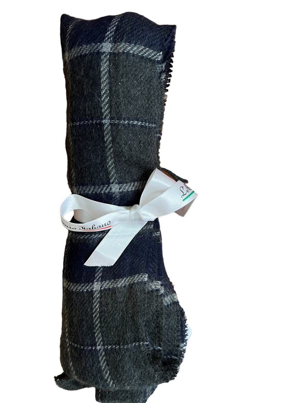 Italian Made Plaid Fringed Scarf Gray Navy Blue
